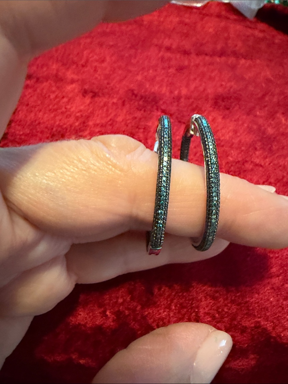 Sparkling new natural mined blue diamond Hoop Earrings in Sterling 924 silver